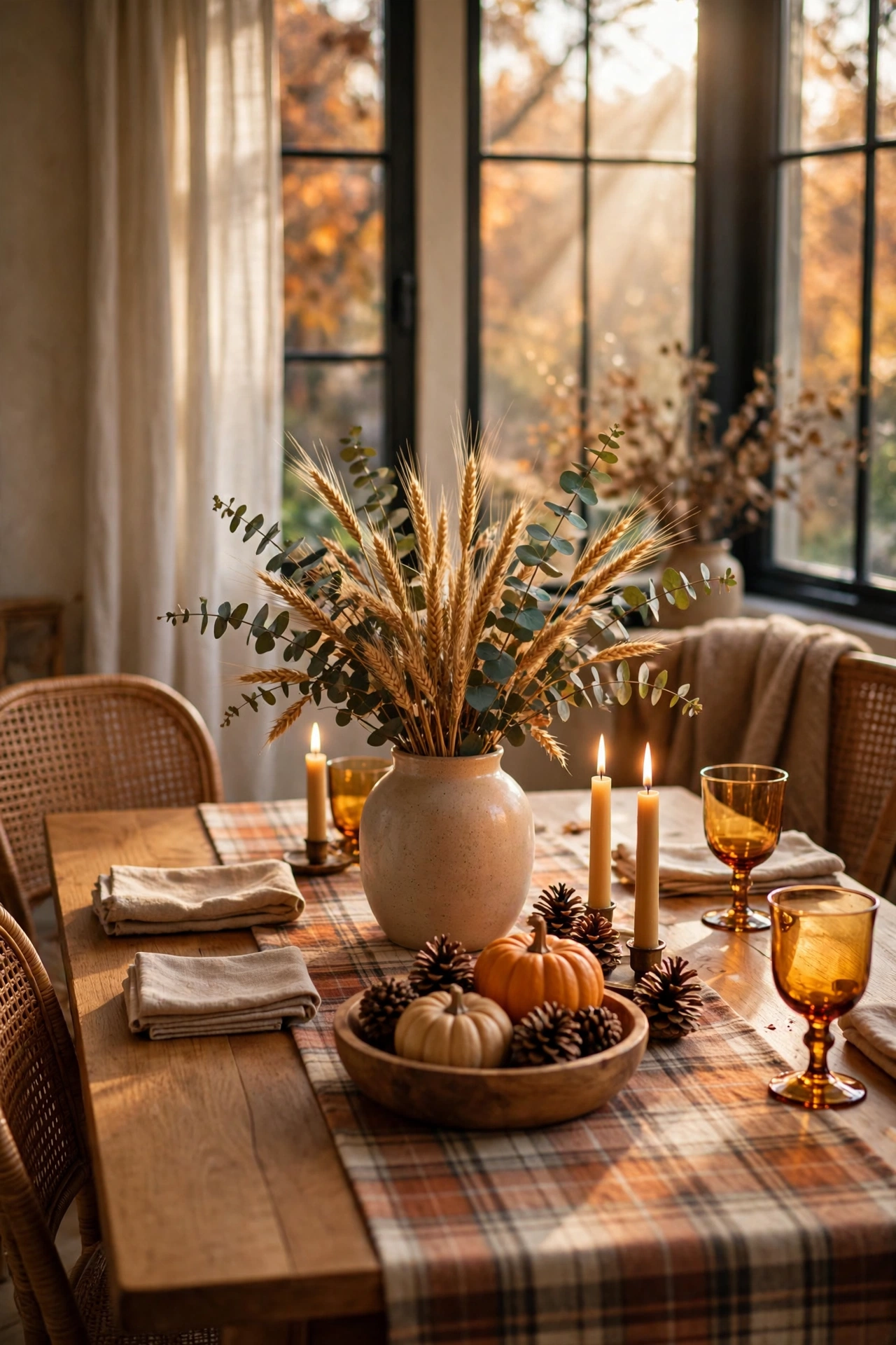 Cozy fall dining room with a warm table runner, natural centerpiece, dried botanicals and candlelight