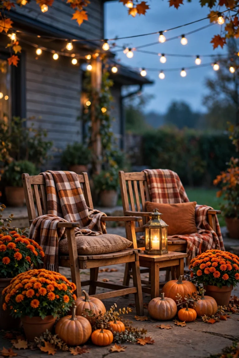 Cozy autumn patio with warm string lights, lanterns, outdoor cushions, throws and pumpkins