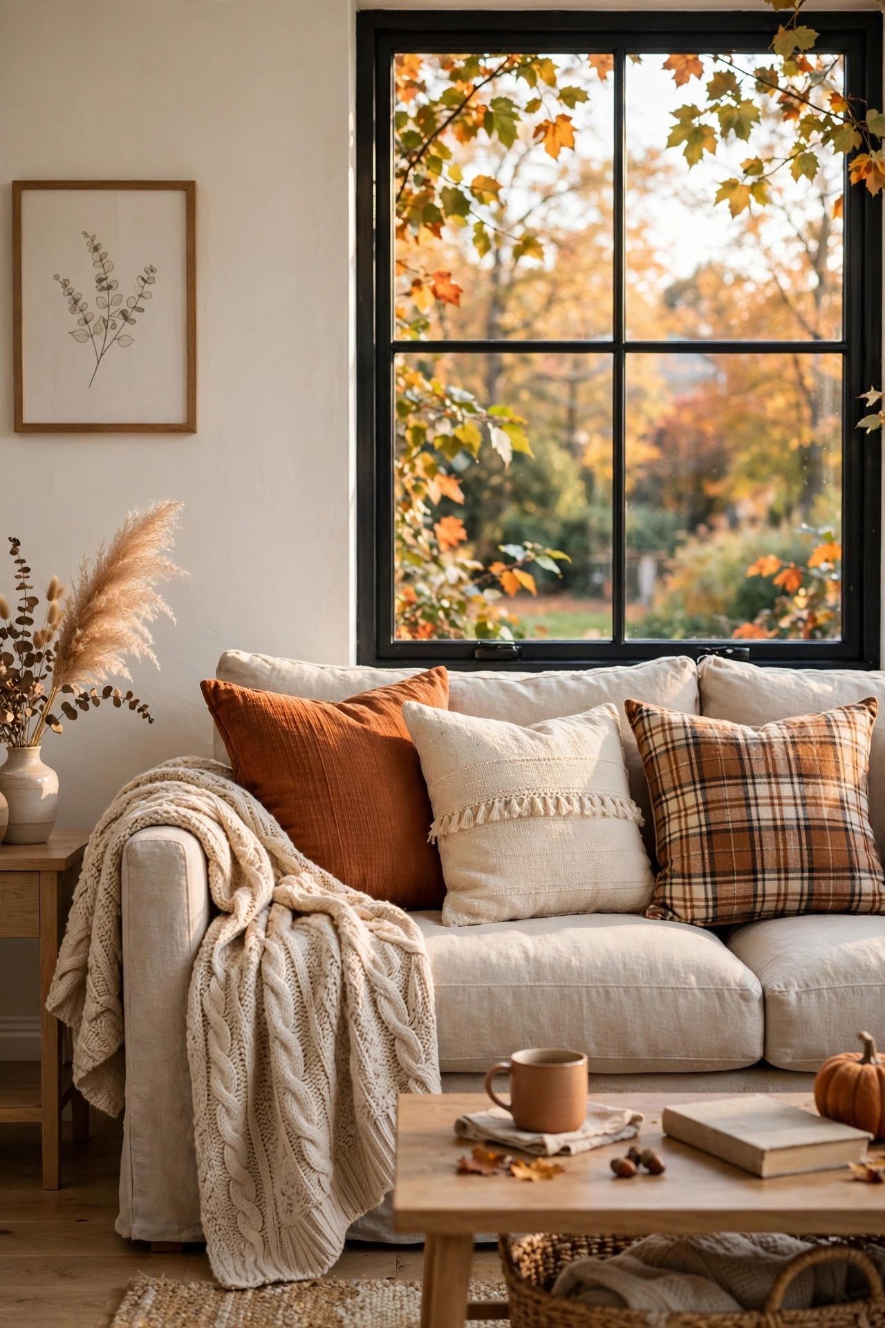 Sofa styled for fall with cream, camel and rust throw pillows, a chunky knit blanket, a plaid throw and a woven basket of extra blankets