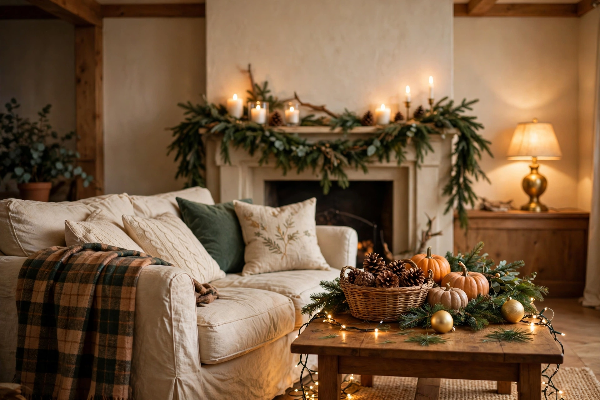 Cozy living room transitioning from fall to Christmas with an evergreen garland and candles on the mantel, a plaid throw on the sofa, and a coffee table with pinecones, small pumpkins, evergreen sprigs, gold ornaments, and warm string lights