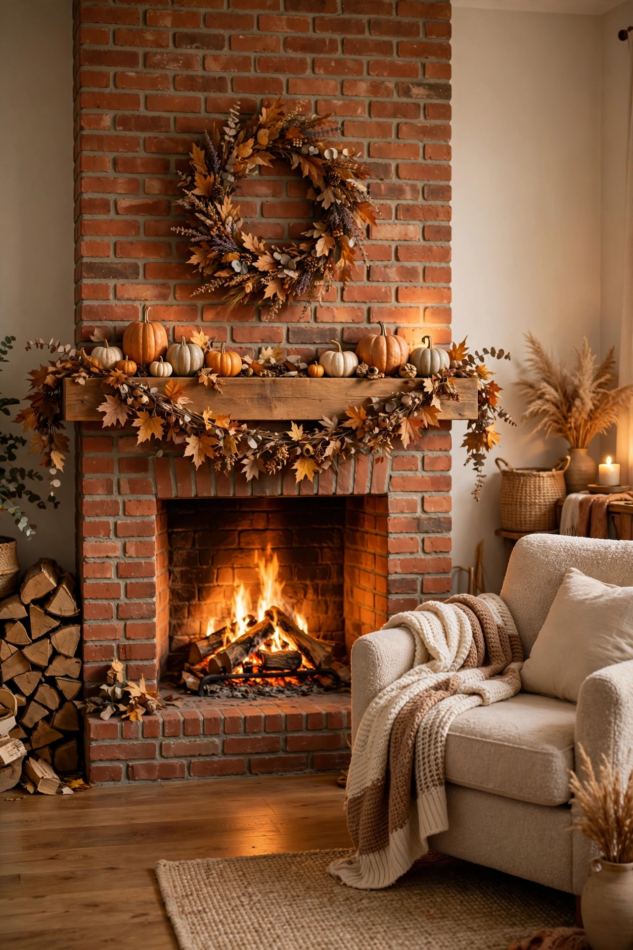 Cozy fall fireplace hearth styled with warm light, layered textiles and seasonal natural accents