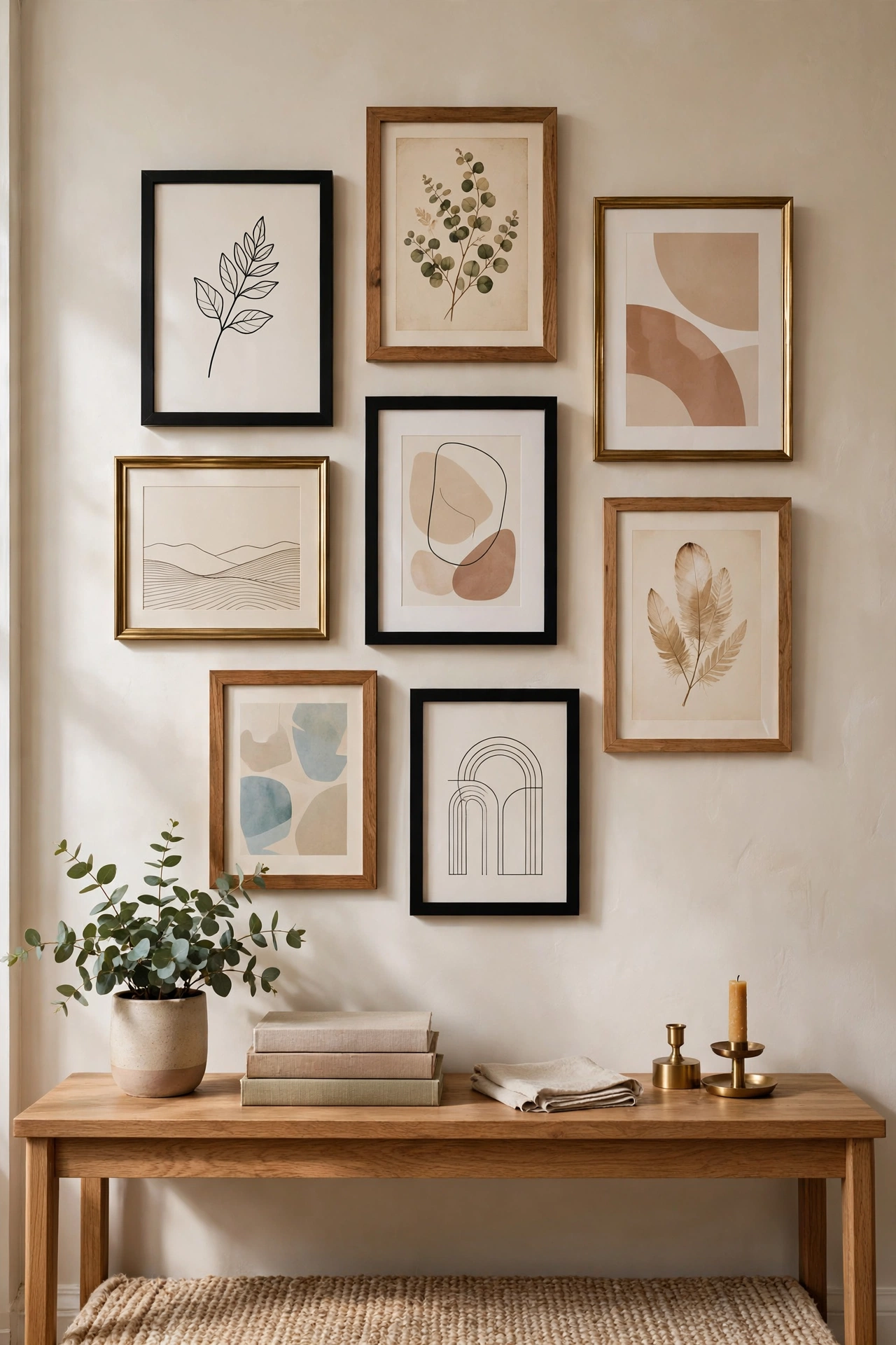 Curated gallery wall with varied framed artwork, warm wood and personal objects