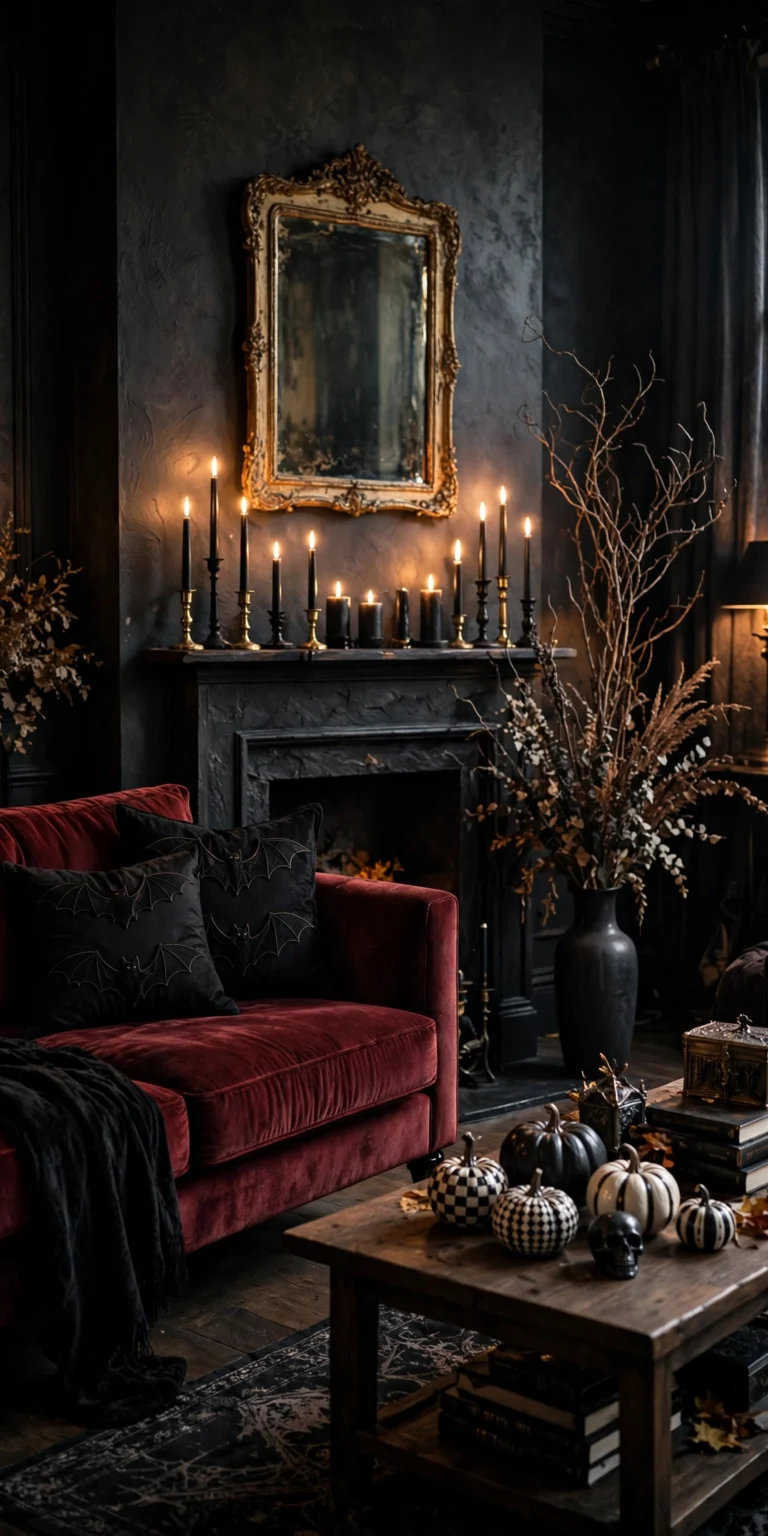 Gothic glam living room with a burgundy velvet sofa and black bat pillows, a black fireplace mantel lined with lit black taper candles under an ornate gold mirror, and black-and-white pumpkins on a wooden coffee table