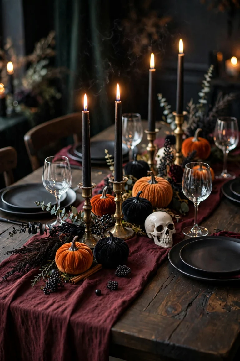 Halloween dinner table with a deep burgundy runner, tall black taper candles in brass holders, orange and black velvet pumpkins, a small white skull, black plates and wine glasses
