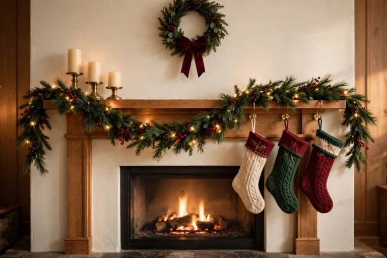 Cozy living room fireplace mantel decorated for Christmas with a pine garland and warm fairy lights, brass candle holders, a wreath with a burgundy velvet bow, three knit stockings, and a lit fire below