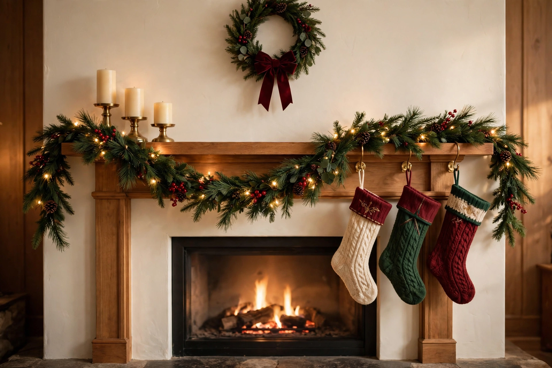 Cozy living room fireplace mantel decorated for Christmas with a pine garland and warm fairy lights, brass candle holders, a wreath with a burgundy velvet bow, three knit stockings, and a lit fire below