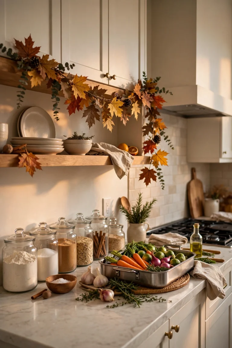Holiday-ready kitchen organized for Thanksgiving and Christmas cooking with clear counters and warm seasonal details