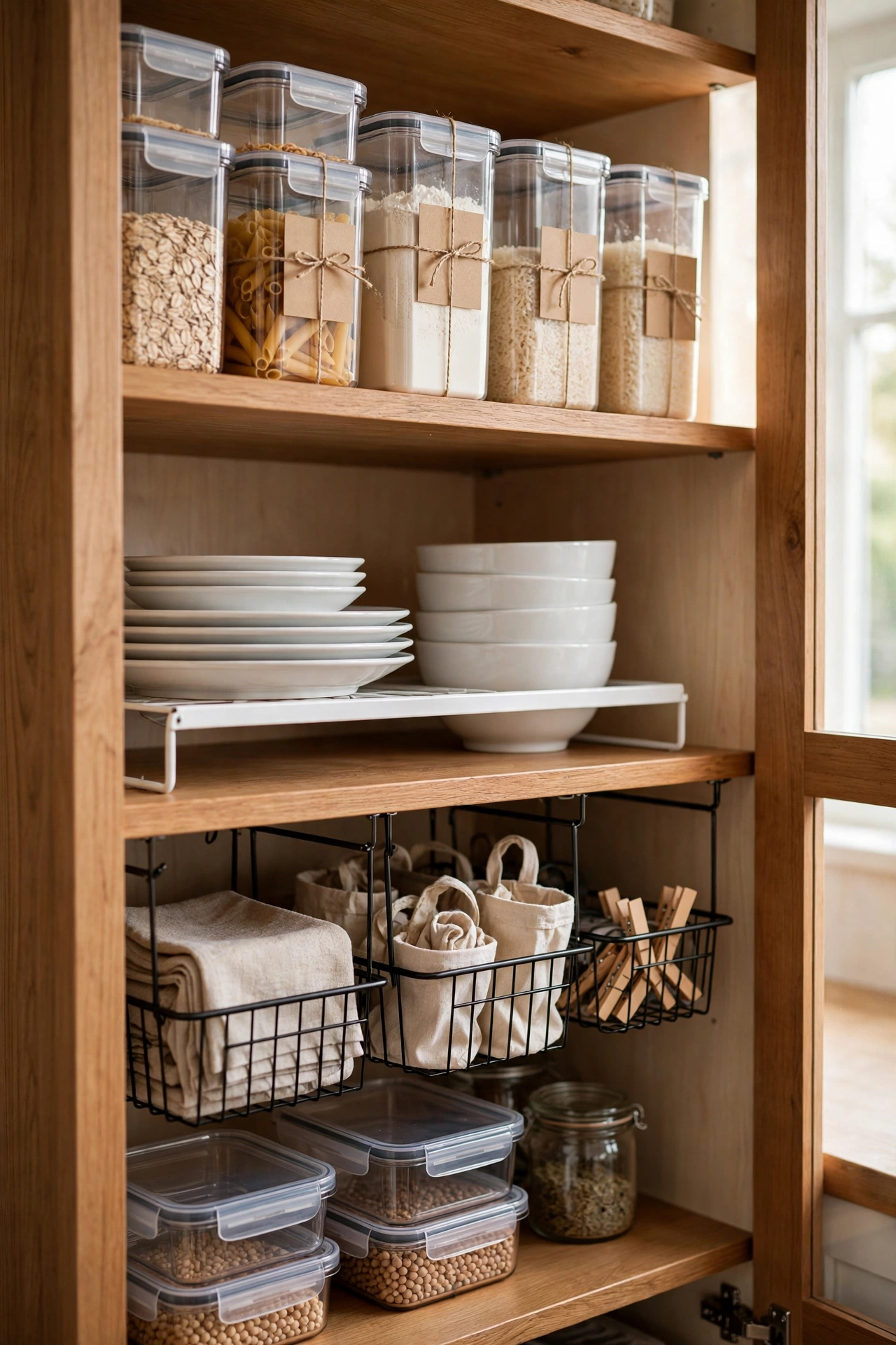 Open wooden kitchen cabinet organized with clear labeled containers of pasta, flour and rice on the top shelf, stacked white plates and bowls on a white shelf riser, black wire under-shelf baskets holding folded linens and cloth bags, and stacked food containers on the bottom shelf