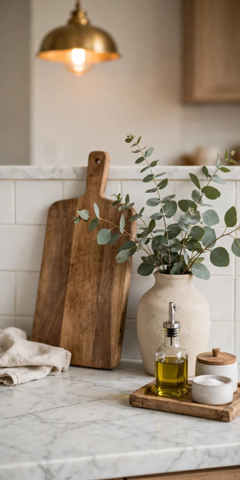 Curated kitchen countertop with wooden cutting boards, eucalyptus in a ceramic vase, olive oil and salt arranged on a wood tray