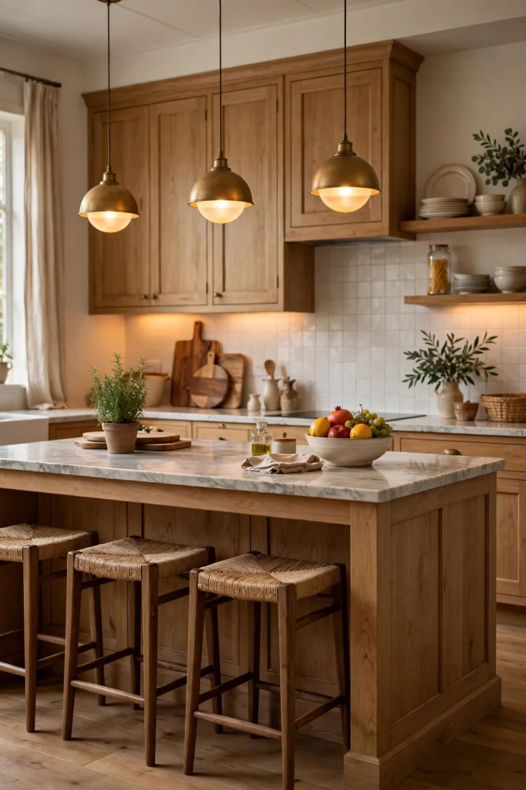 Warm kitchen island with practical storage, wooden stools, pendant lighting and styled everyday essentials