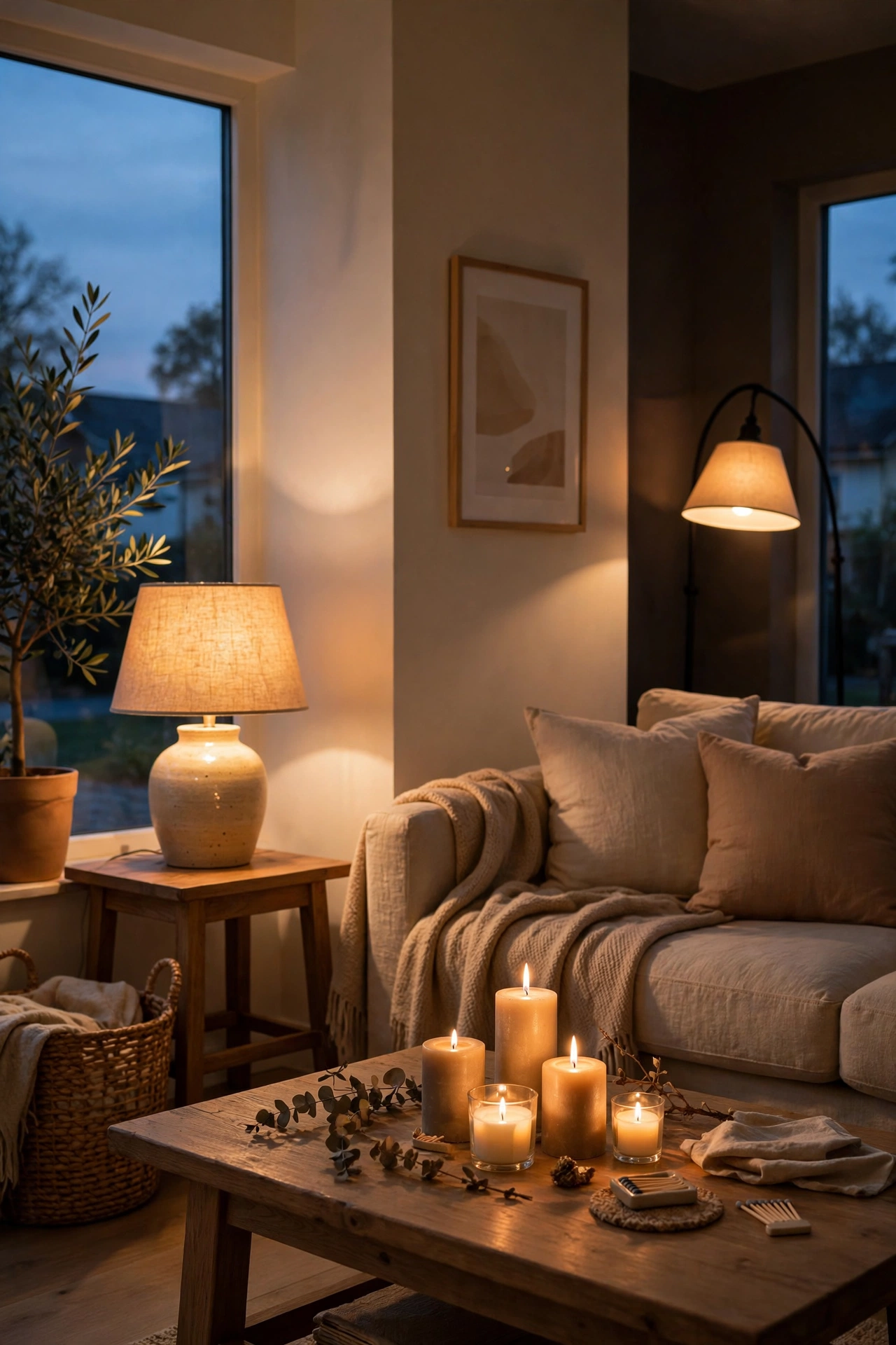 Cozy living room after dark with layered lamps, candles and warm pools of light