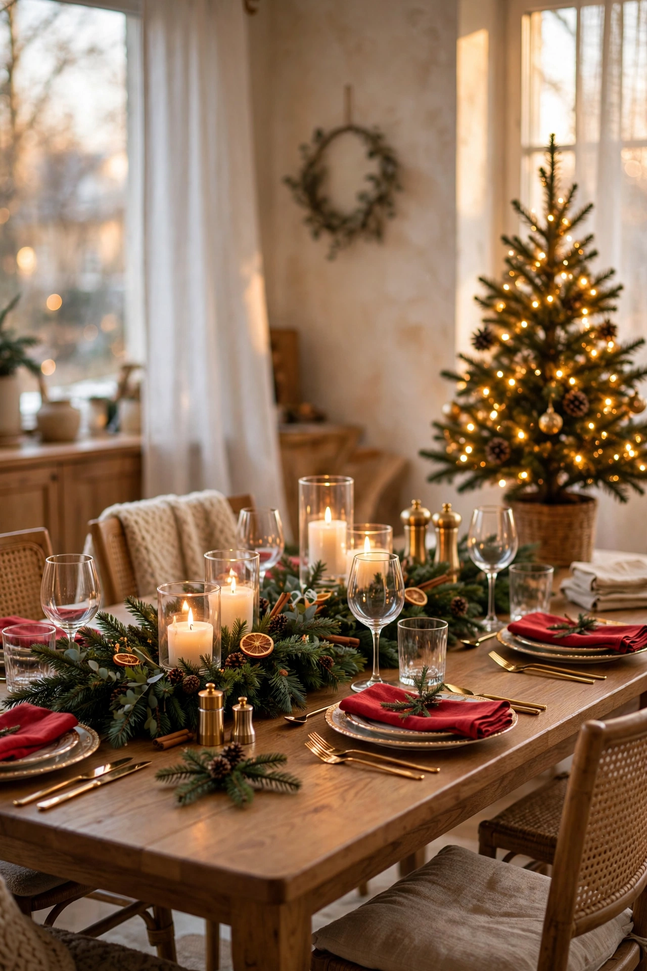 Christmas dining table with an evergreen garland runner, lit pillar candles in glass hurricanes, pinecones and dried orange slices, red napkins on gold-rimmed plates with gold cutlery, a small lit Christmas tree in the corner and a greenery wreath on the wall