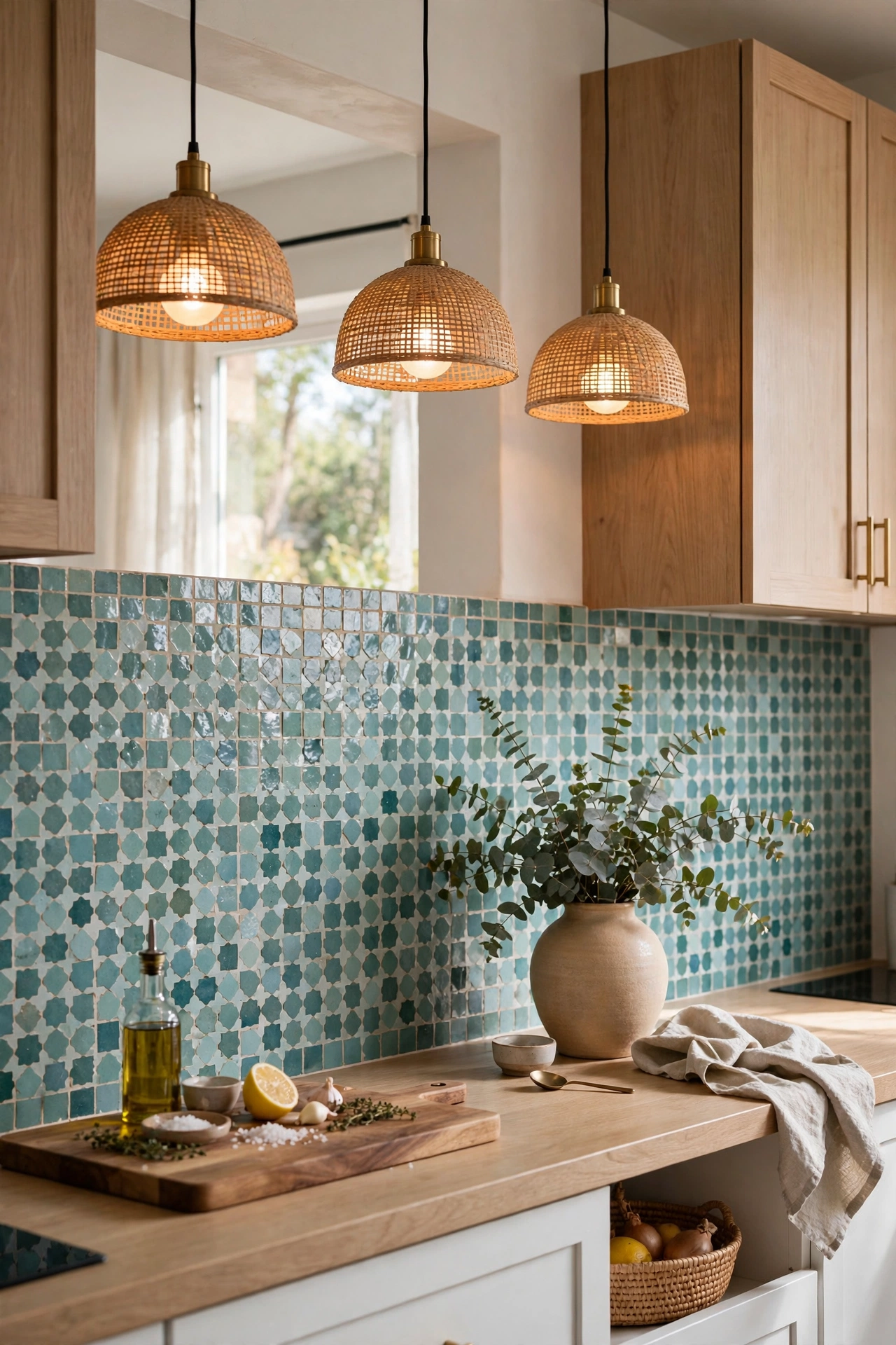 Kitchen with a blue-green zellige mosaic tile backsplash, light wood cabinets, three woven rattan pendant lights, a wooden countertop with a cutting board, olive oil and lemon, and a ceramic vase of eucalyptus