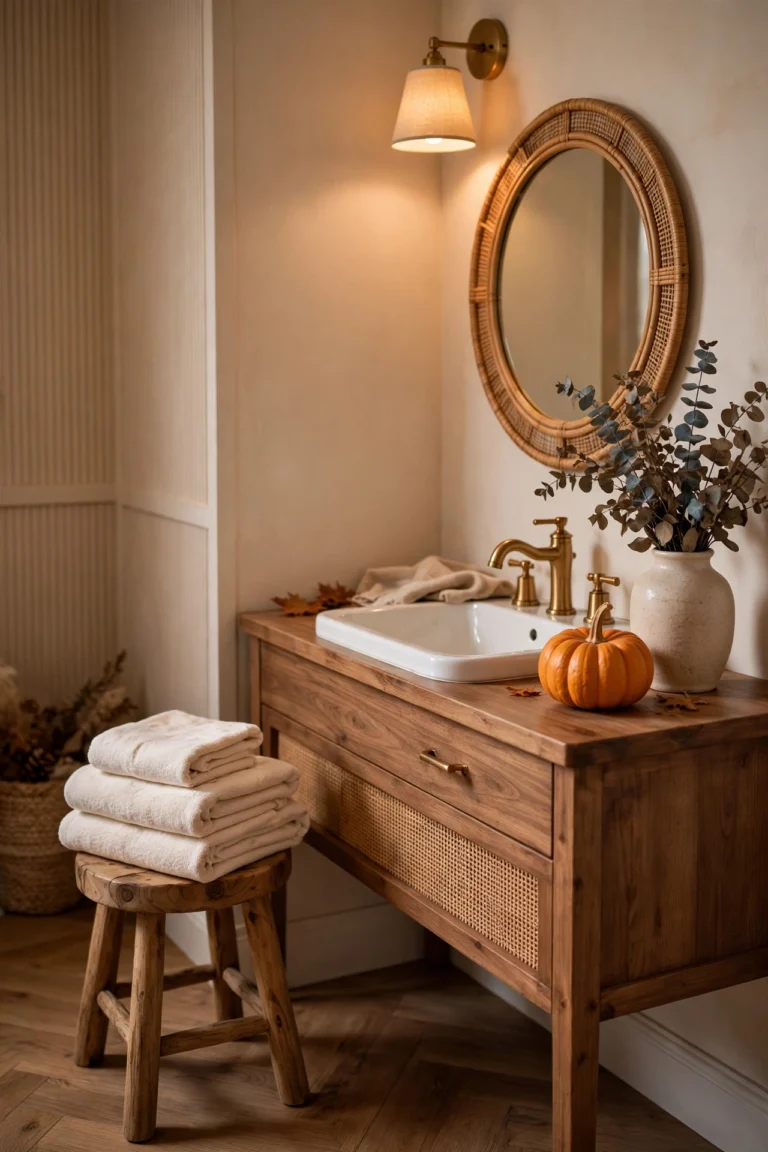 Cozy guest bathroom with a wooden vanity, round rattan mirror and brass faucet, a stack of folded cream towels on a wooden stool, a small orange pumpkin and a vase of eucalyptus on the counter, lit by a warm wall sconce