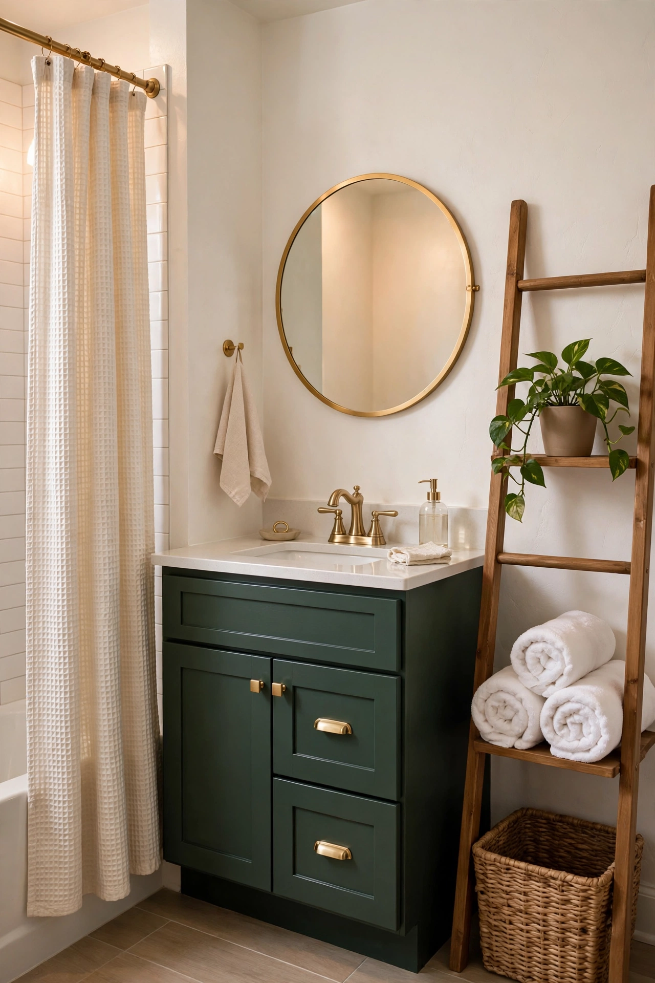 Budget bathroom remodel with a deep green painted vanity, round brass-framed mirror, brass faucet, waffle-weave shower curtain and a wooden ladder shelf with rolled towels