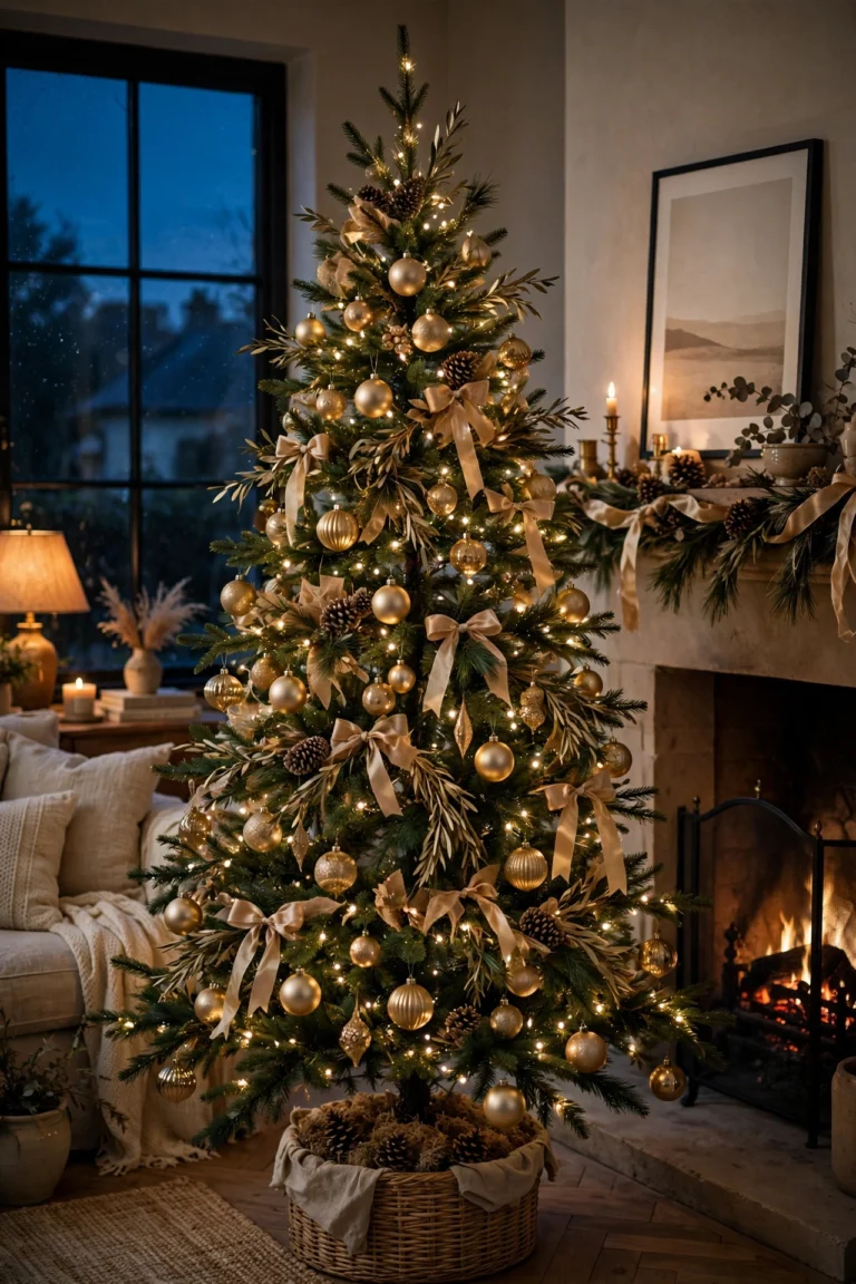 Christmas tree decorated with champagne-gold ornaments, cream ribbon, pinecones and warm white lights in a cozy living room