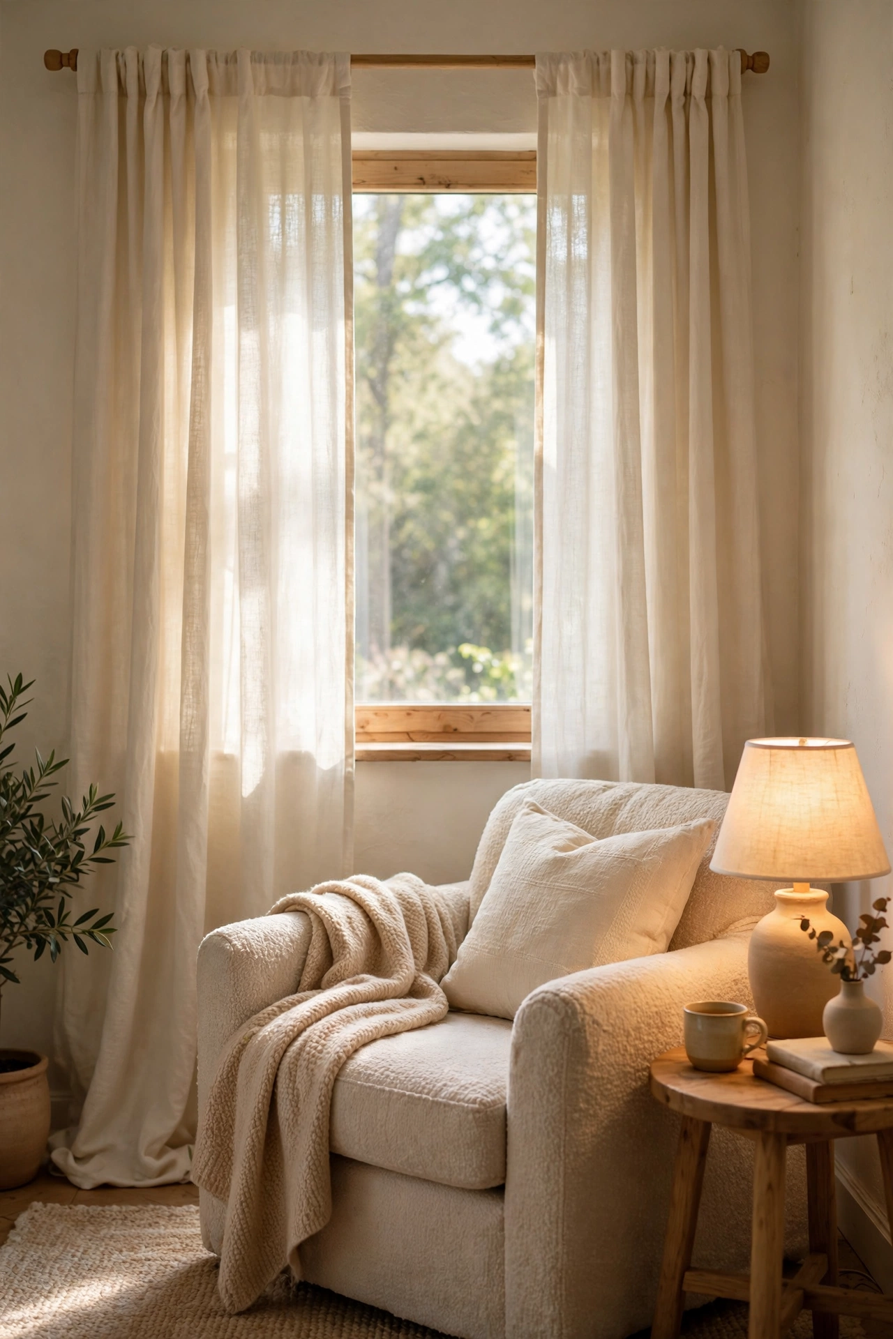 Warm room with full-length curtains hung high and wide around a sunlit window