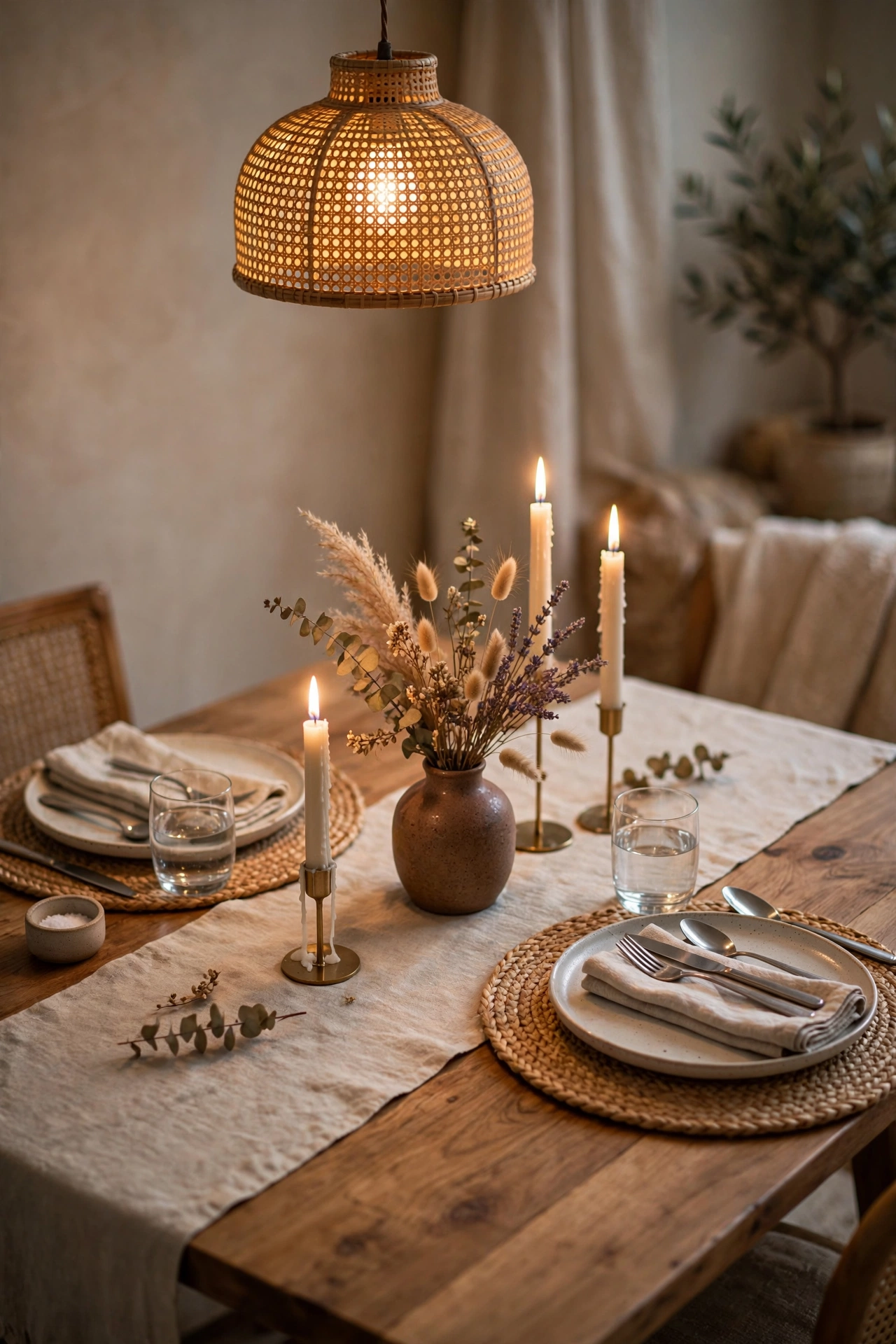 Warm everyday dining table styled with a linen runner, low centerpiece, candles and greenery