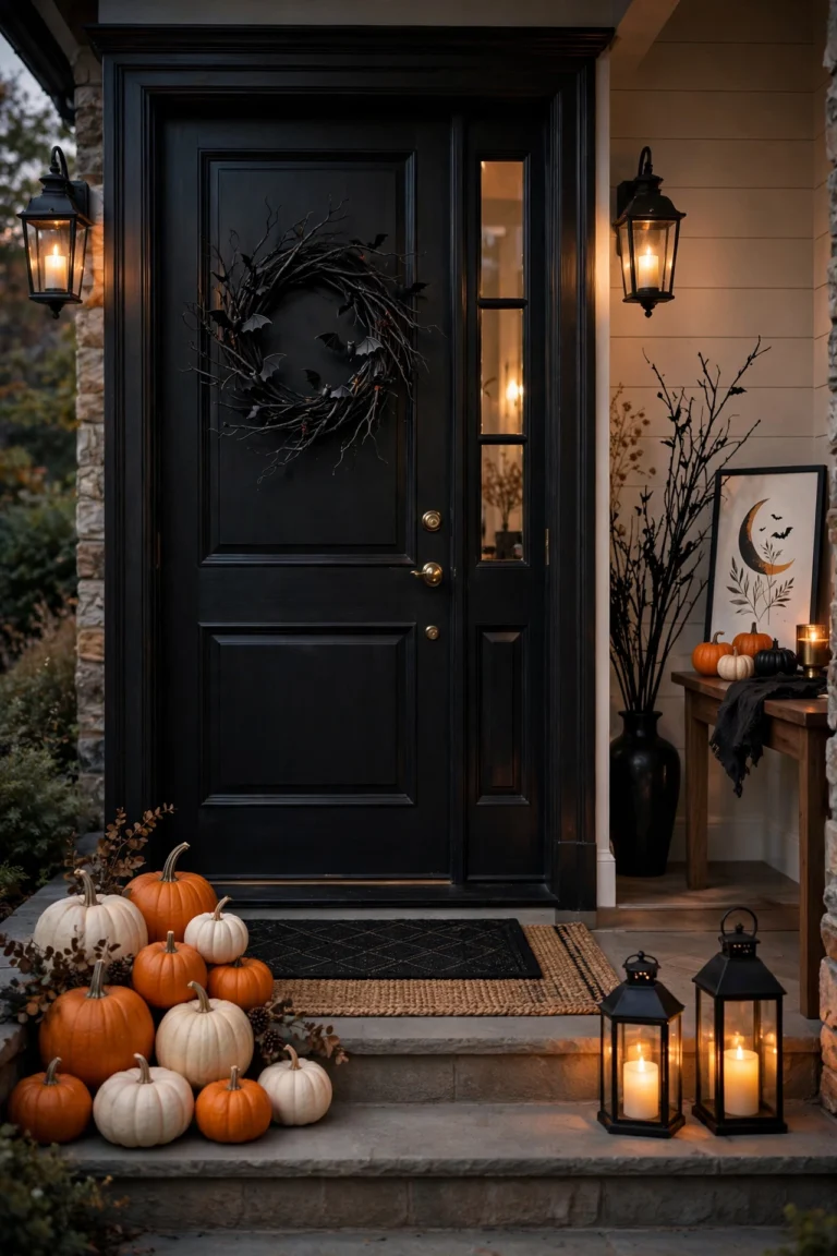 Halloween entryway with a black front door, black branch wreath with bats, orange and white pumpkins clustered on the steps, glowing lanterns and layered doormats