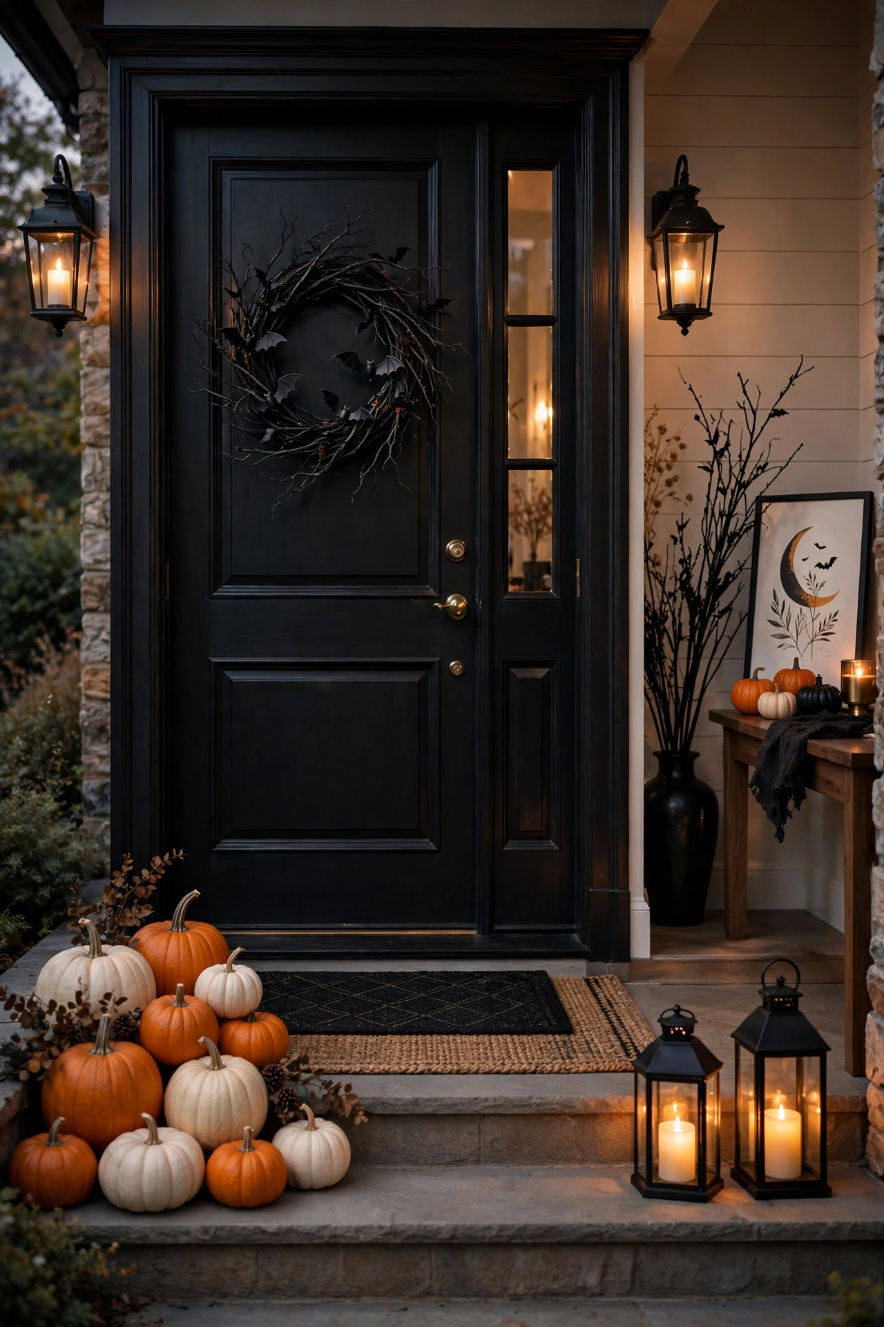 Halloween entryway with a black front door, black branch wreath with bats, orange and white pumpkins clustered on the steps, glowing lanterns and layered doormats