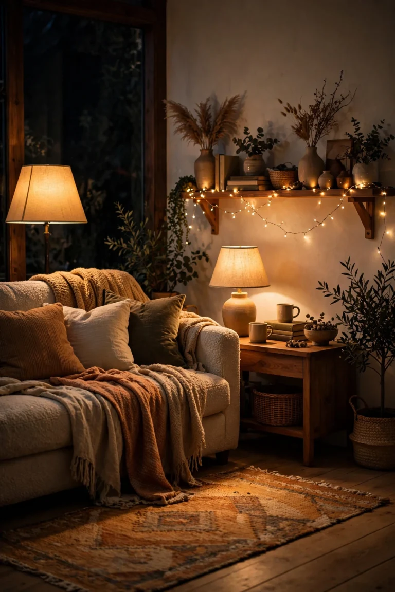Cozy living room at night with warm floor and table lamps, fairy lights, candles, layered throws and natural textures
