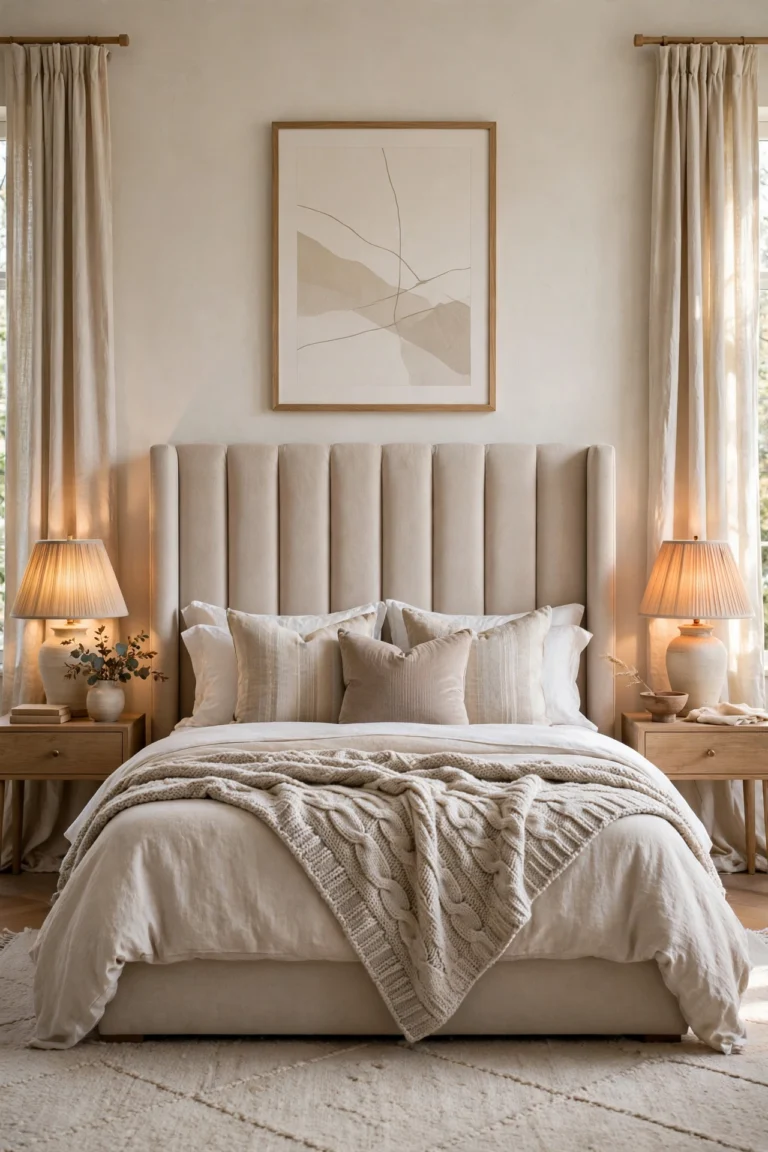 Luxury-look bedroom with a tall channel-tufted upholstered headboard, layered cream bedding, a chunky knit throw, matching ceramic table lamps and large framed abstract art