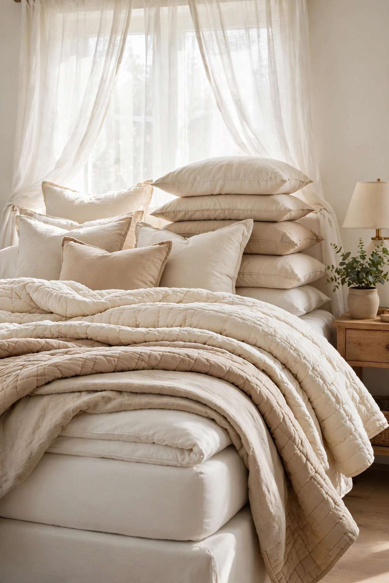 Bright neutral bedroom with a plush mattress, layered cream bedding and a stack of pillows