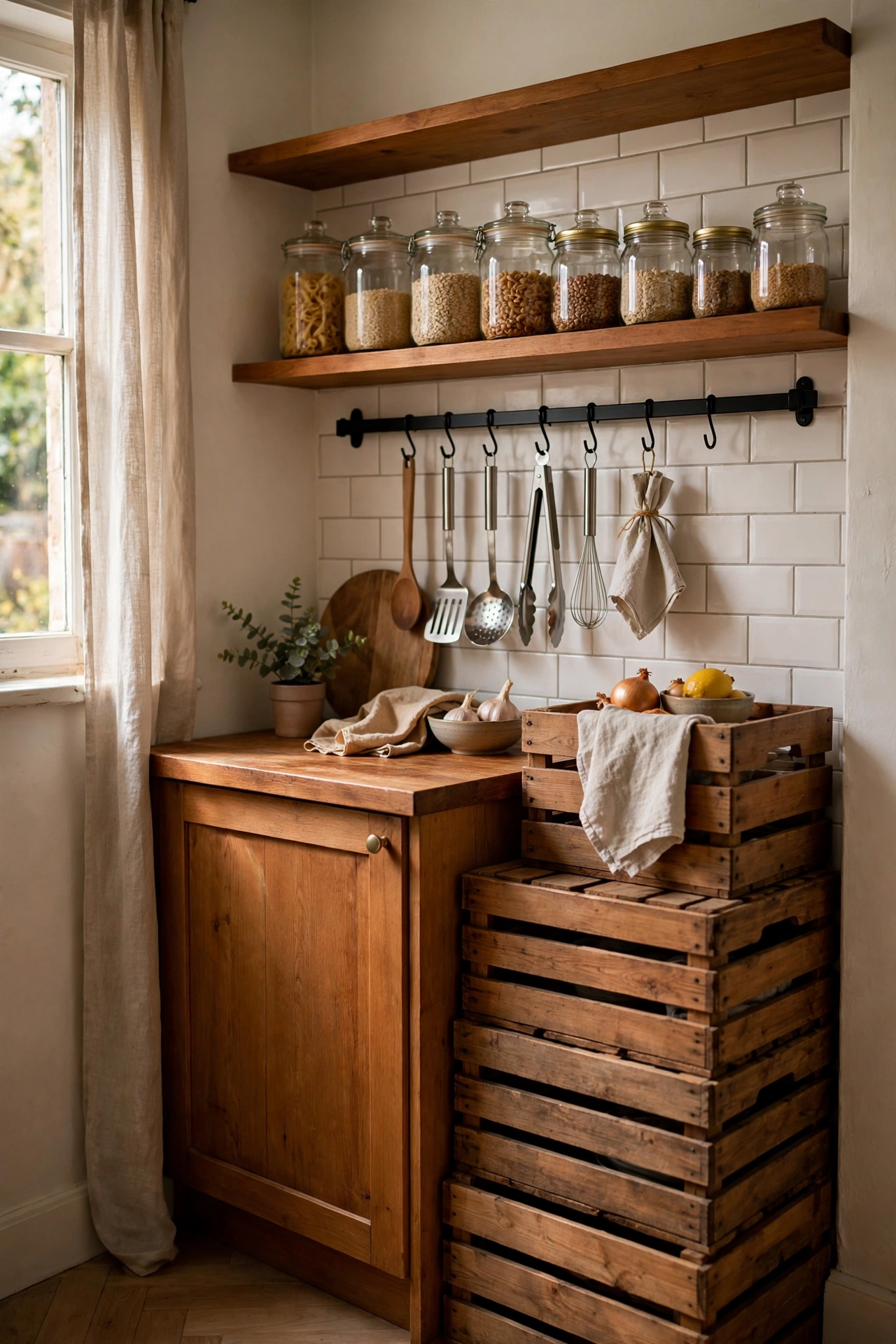 Compact kitchen using open shelves, matching jars, hooks and a slim rolling storage cart