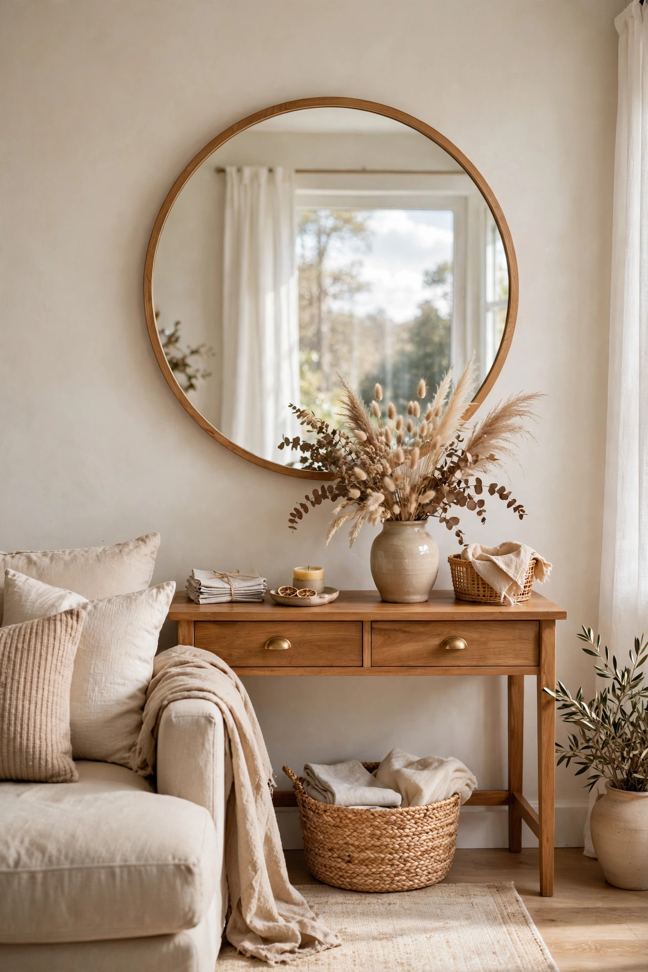 Bright room styled with a large mirror reflecting natural light, greenery and warm furnishings