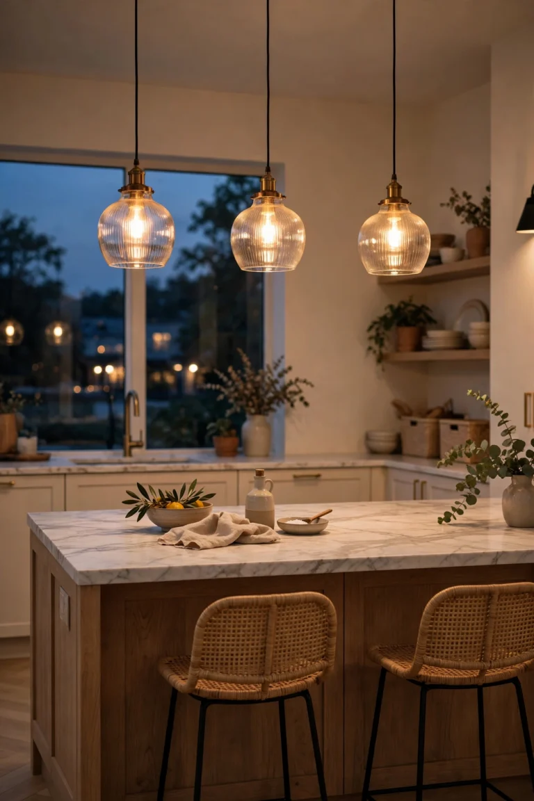 Three ribbed glass pendant lights with brass fittings glowing warmly above a marble kitchen island with woven rattan stools, open shelves with plants and dishes behind and dusk light through the window