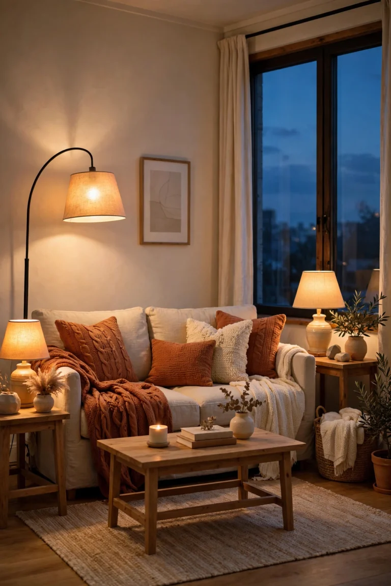 Cozy living room at dusk with a glowing arc floor lamp, two table lamps, a cream sofa with rust knit pillows and throws, and a wooden coffee table