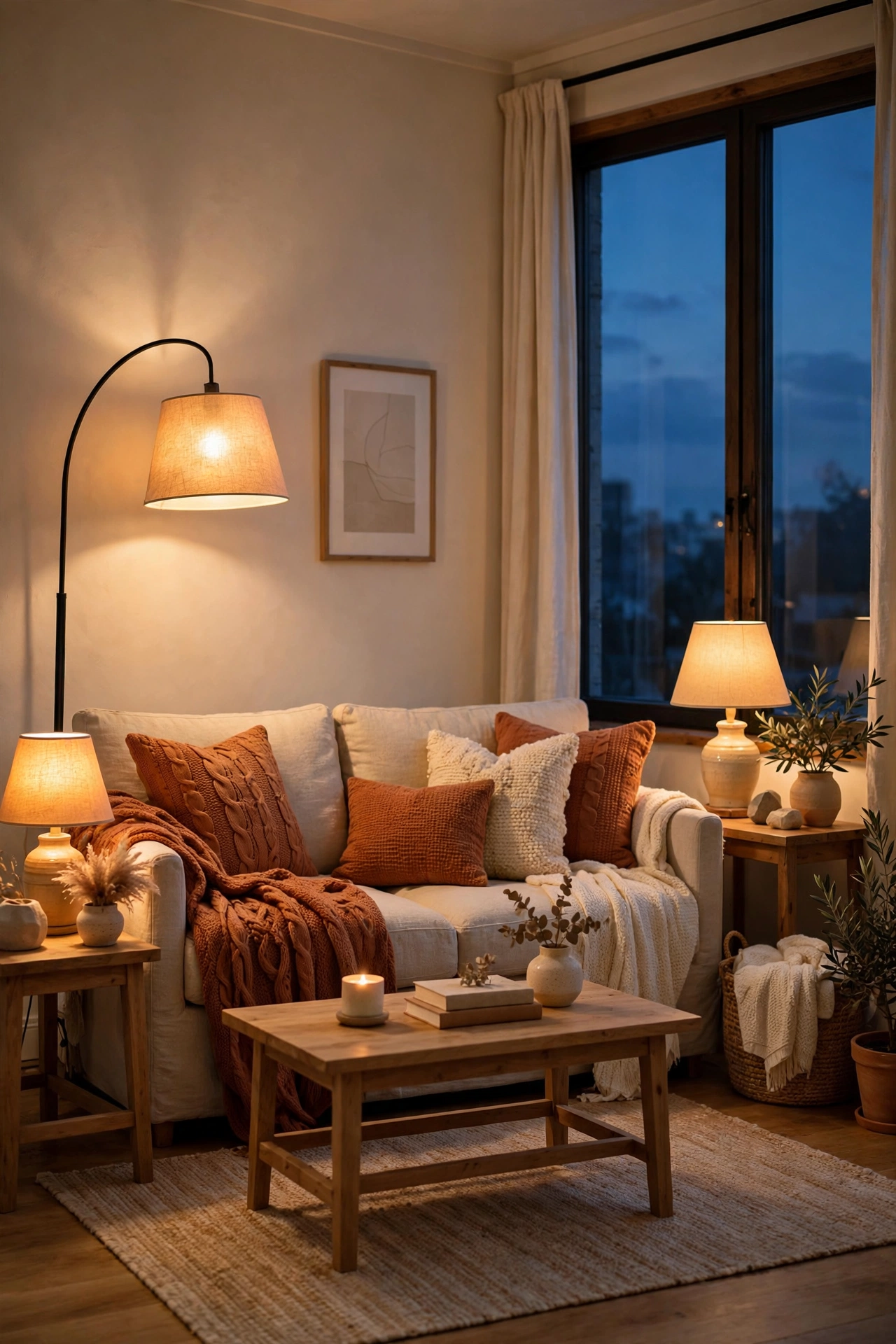 Cozy living room at dusk with a glowing arc floor lamp, two table lamps, a cream sofa with rust knit pillows and throws, and a wooden coffee table