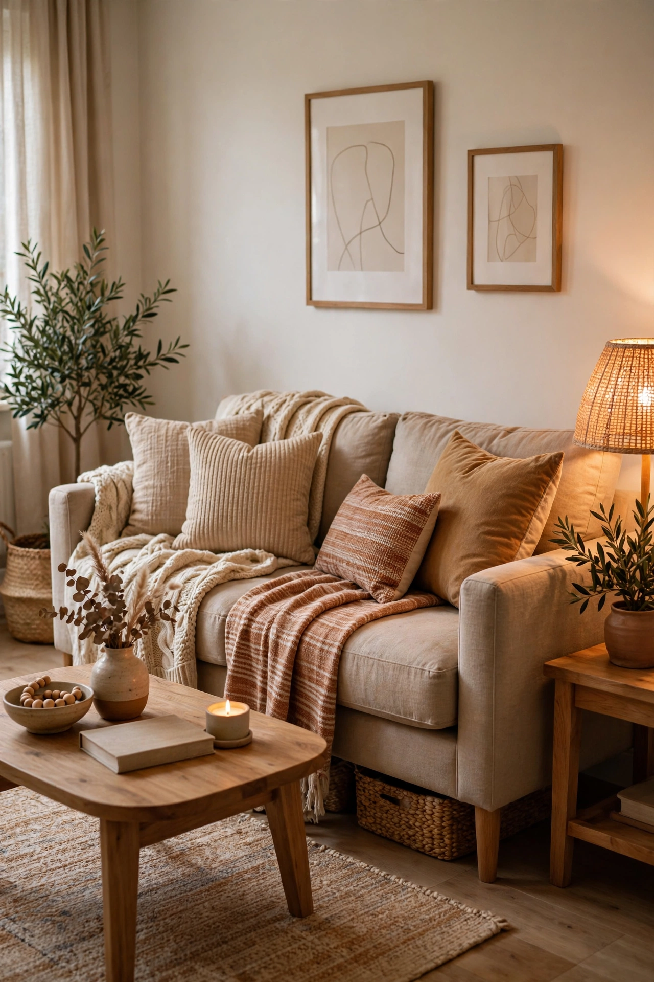 Cozy upholstered sofa in a warm, thoughtfully styled living room