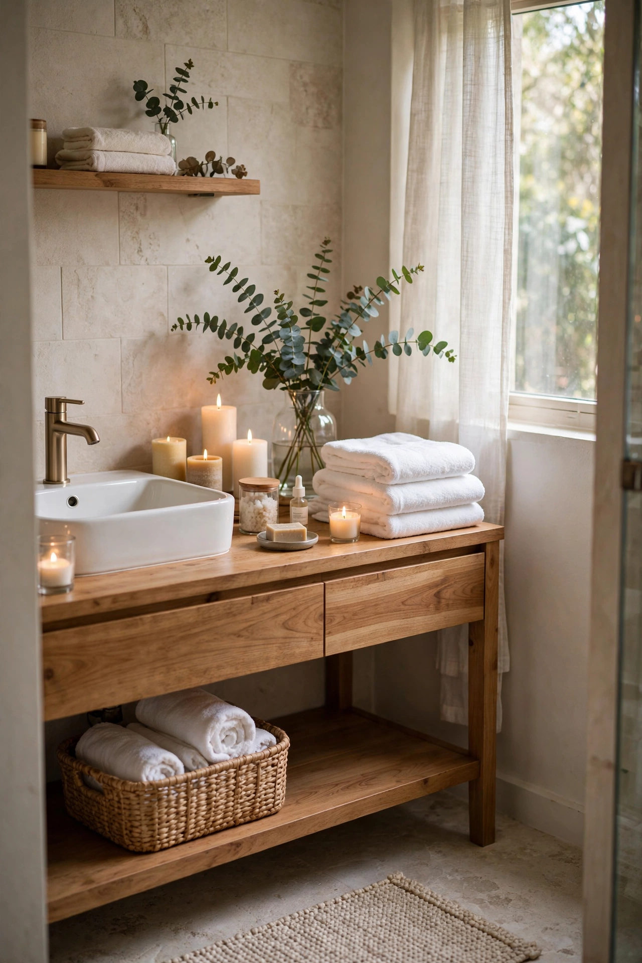 Calm spa-like bathroom with warm lighting, plush towels, eucalyptus and a wooden bath tray