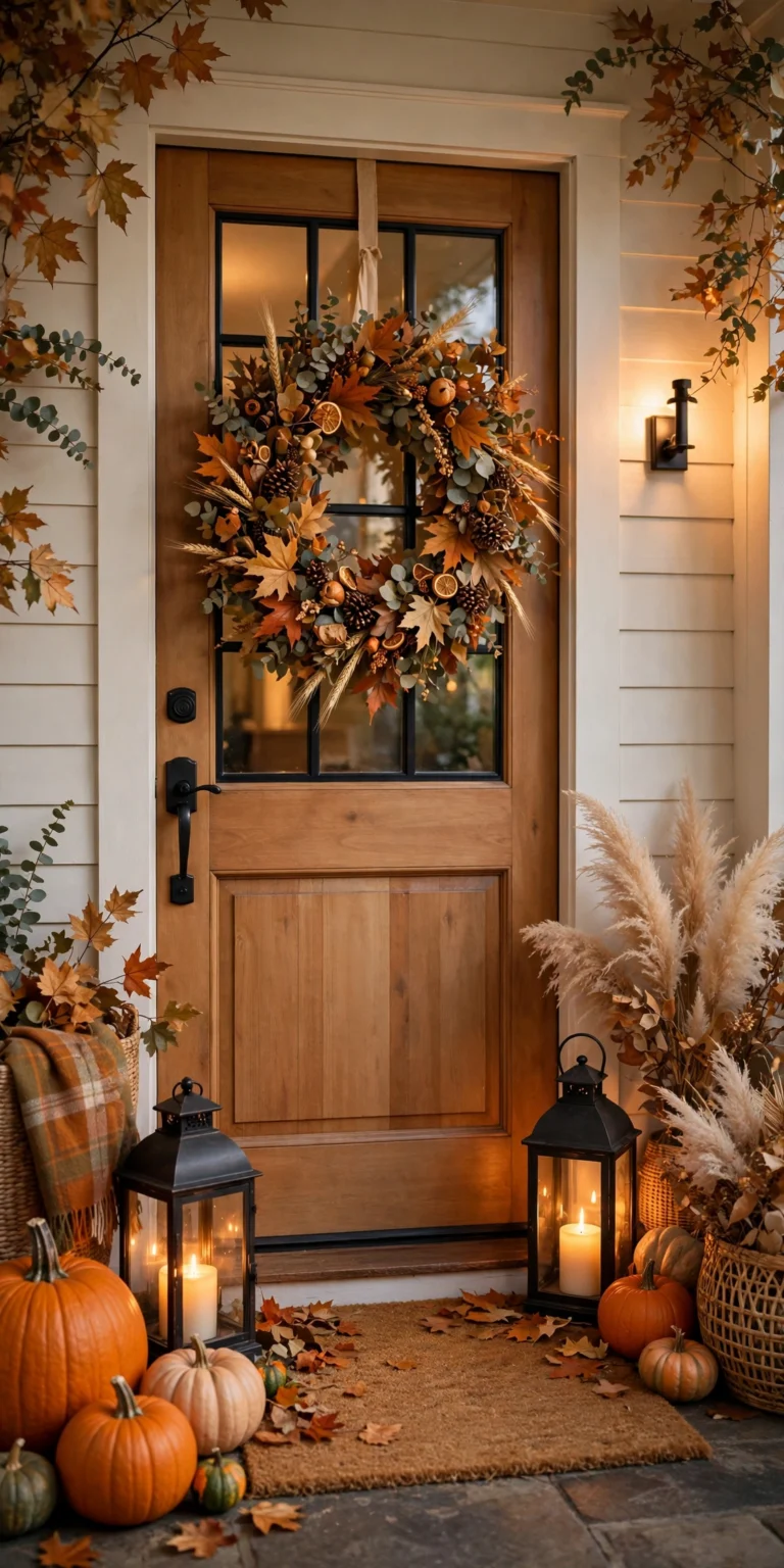 Thanksgiving front entry with a harvest wreath on the door, pumpkins grouped on the steps, glowing lanterns, layered doormats and a bench with a plaid throw