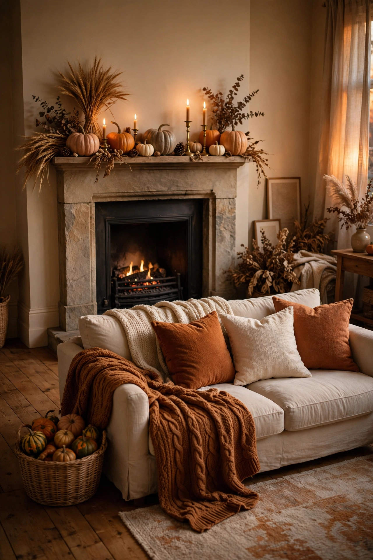 Cozy Thanksgiving living room with a cream sofa dressed in rust-orange pillows and chunky knit throws, a stone fireplace mantel lined with pumpkins, dried wheat and lit taper candles, and a wicker basket of gourds on the wood floor