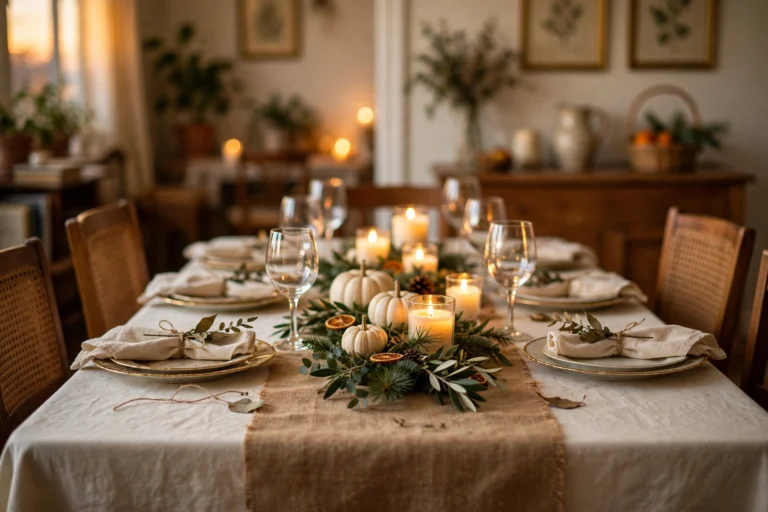 Thanksgiving dining table decorated on a budget with a cream tablecloth, burlap runner, white pumpkins, fresh greenery, glowing candles, gold-rimmed plates, and linen napkins tied with twine