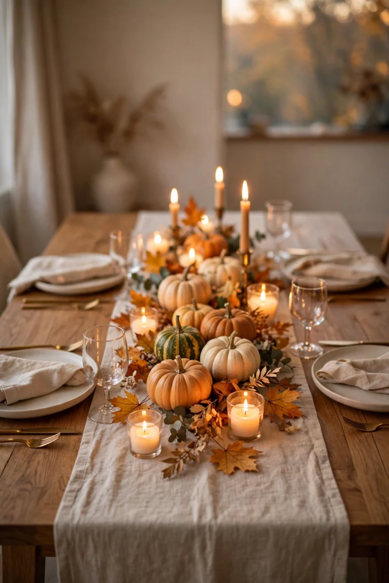 Warm Thanksgiving table setting with layered linens, pumpkins, candles and autumn foliage