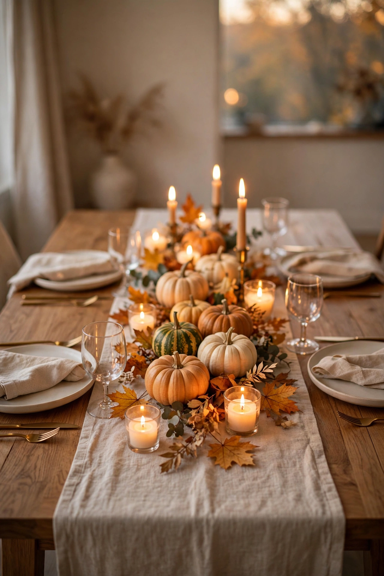 Warm Thanksgiving table setting with layered linens, pumpkins, candles and autumn foliage
