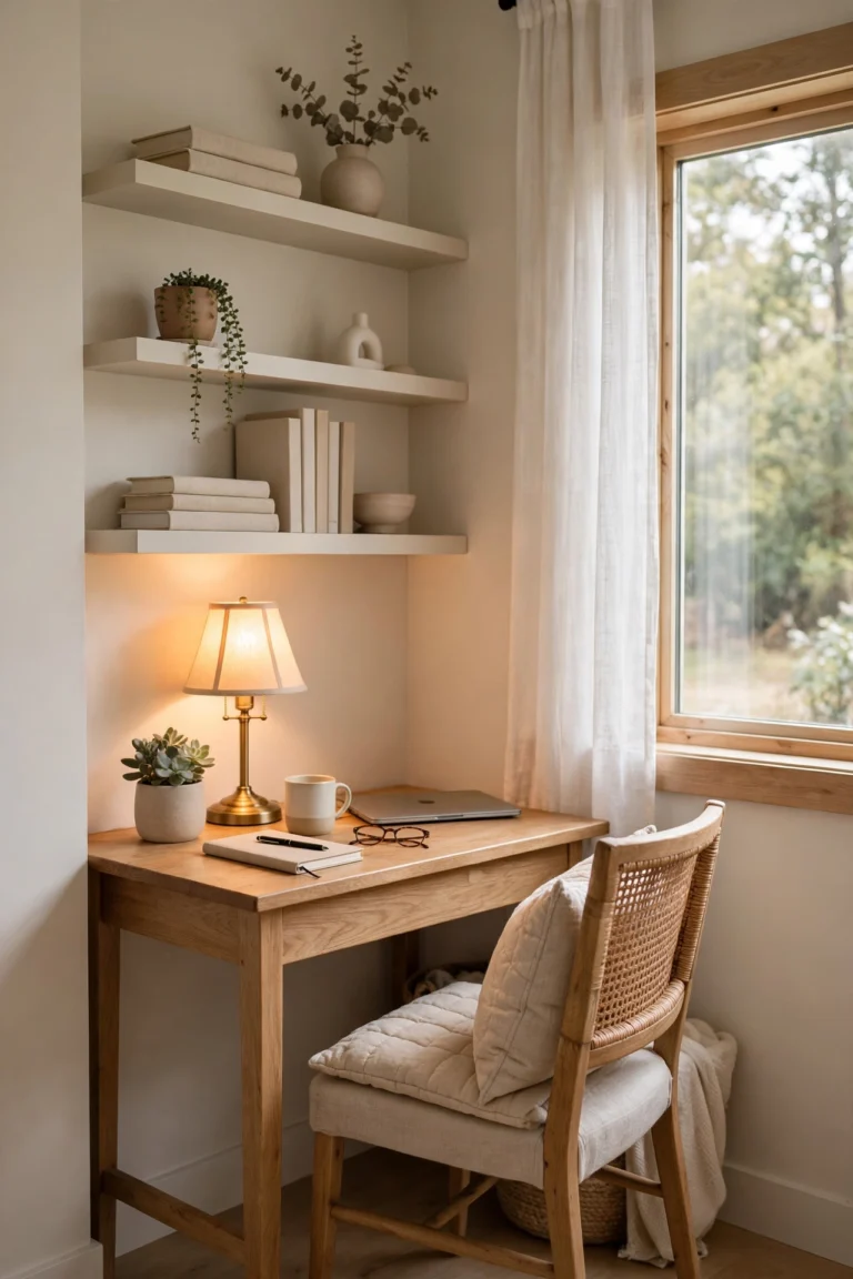 Cozy work-from-home nook with a slim desk, comfortable chair, warm lamp and vertical storage
