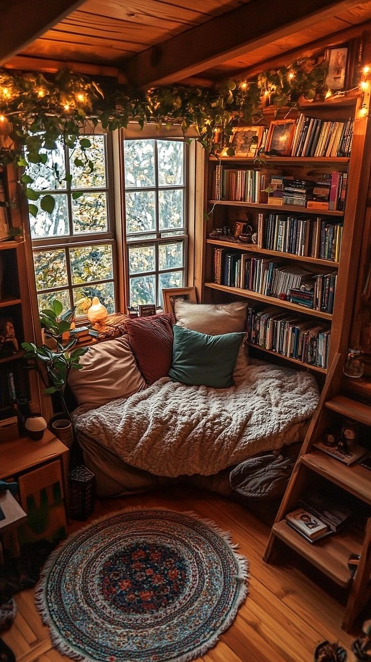 Comfortable reading nook with an armchair, side table and book storage